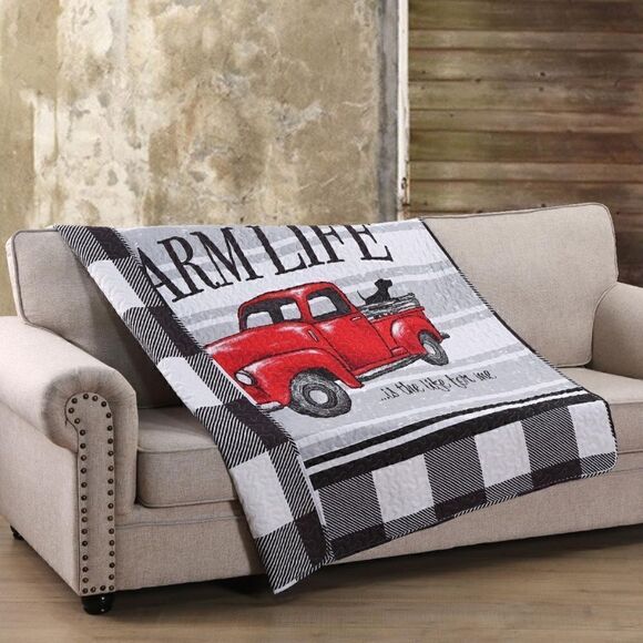 NEW! Farmhouse Vintage Red Truck Quilted Throw Blanket Farm Life Country Lodge - Picture 1 of 2